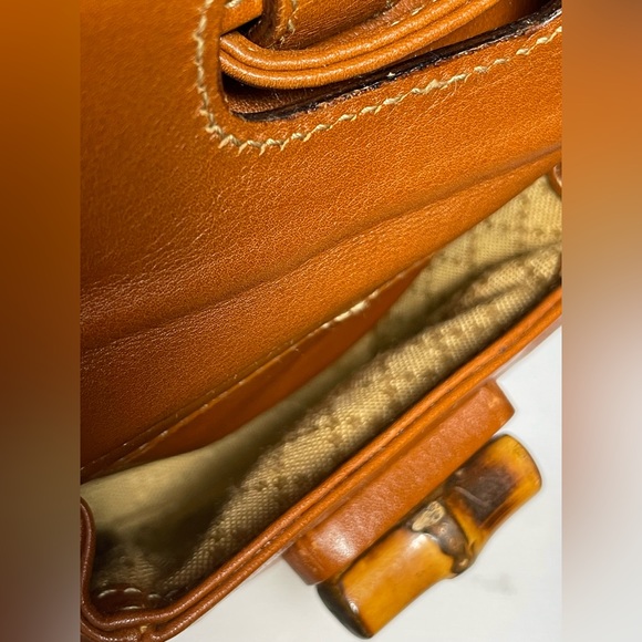 Gucci 90’s Caramel Brown Leather Drawstring Backpack with Bamboo top Handle - Picture 7 of 16
